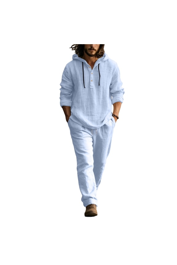 Linen Sets for Men 2 Piece Trendy Elastic Waist Drawstring Hoodie Suit Spring Summer Button Casual Henley Sweatsuits with Pocket,Light Blue 3XL