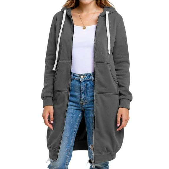 Nokdvo Long Hoodies for Women Zip Up Hooded Tunic Sweatshirt Fall Y2k Casual Long Sleeve Jackets Plus Size Solid Color Cardigan Coats Dark Gray 4XL