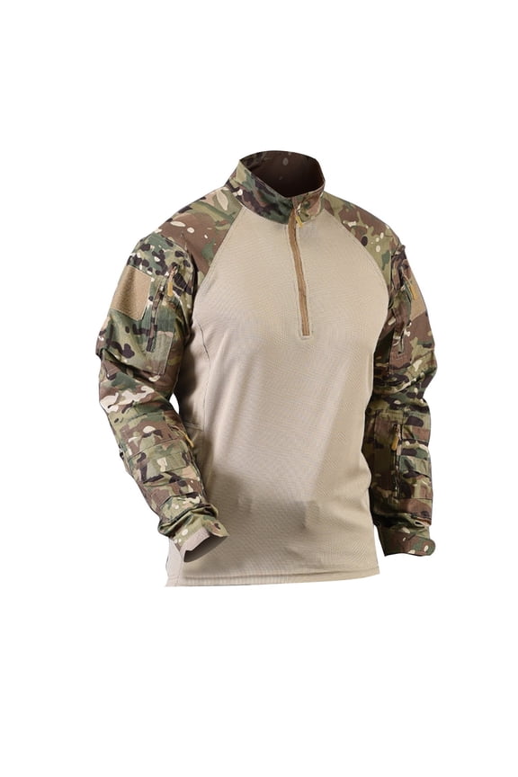 Long Sleeve Combat Shirt for Men Camo Printed with 1/4 Zipper Shirts Stretch Raglan Tops with Pockets Military Ripstop Vintage Slim Fit Causal Clothing,Beige L