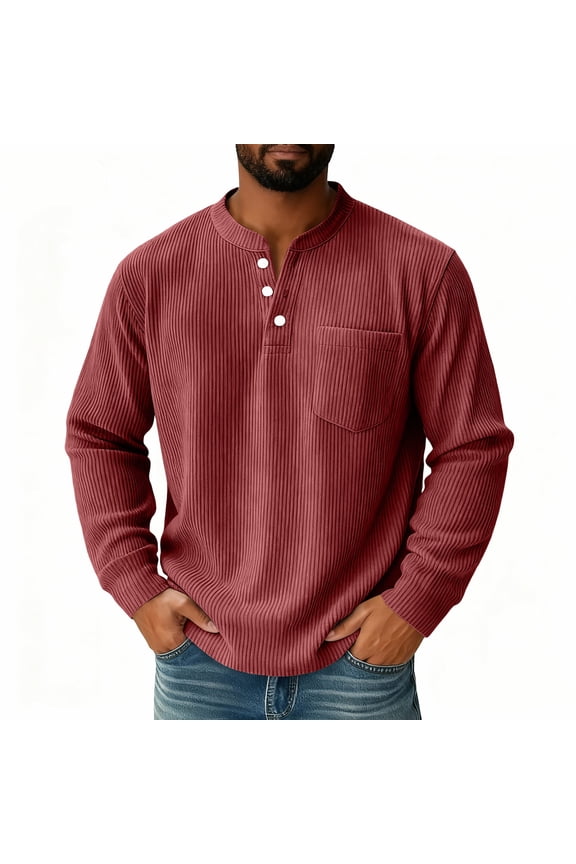 Long Sleeve Henley Shirts for Men Corduroy Button Polo Tee with Pocket Basic Henley Pullovers Casual Lightweight Slim Fit Comfy Classic Tops,Red 3XL