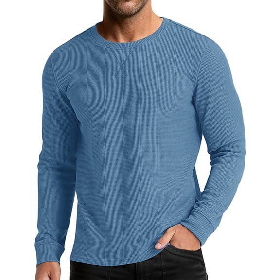 Nokdvo Long Sleeve Shirts for Men Crewneck Waffle Knit Sweaters Textured Solid Color Pullover Sweaters Comfy Daily Base Soft Fall Classic Basic Tees,Blue L