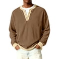 thumbnail image 1 of Nokdvo Long Sleeve Waffle Shirt Men Lightweight 1/4 Button Up Henley Casual Pullover Tops Fall Winter Textured Knit Color Block Loose Sweatshirt,Brown 3XL, 1 of 9