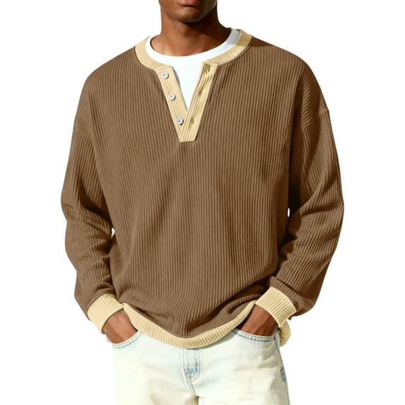 Nokdvo Long Sleeve Waffle Shirt Men Lightweight 1/4 Button Up Henley Casual Pullover Tops Fall Winter Textured Knit Color Block Loose Sweatshirt,Brown 3XL