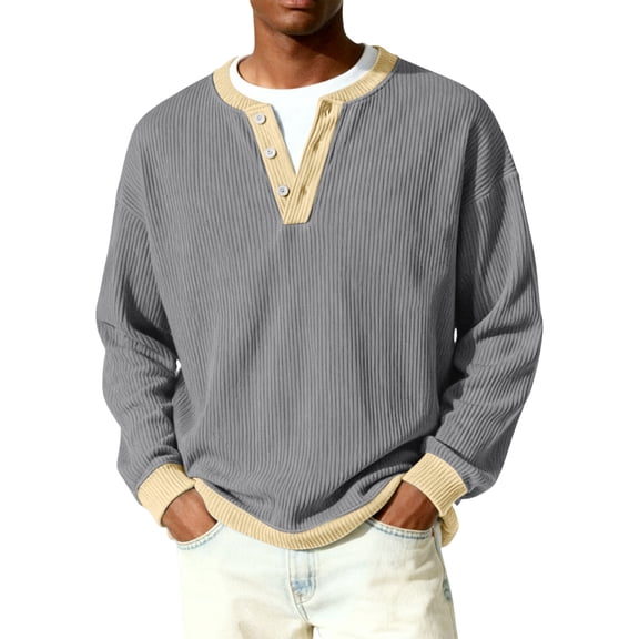 Nokdvo Long Sleeve Waffle Shirt Men Sherpa 1/4 Button Up Henley Casual Shirt Fall Winter Textured Knit Color Block Loose Sweatshirt,Light Gray L