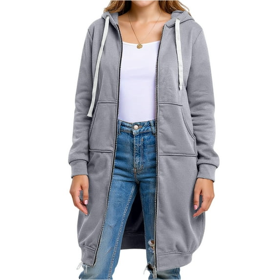 Nokdvo Long Zip Up Hoodie Women Long Sleeve Hooded Tunic Sweatshirt Plus Size Fall Loose Casual Jacket Solid Color Cardigan Coat Light Gray 3XL