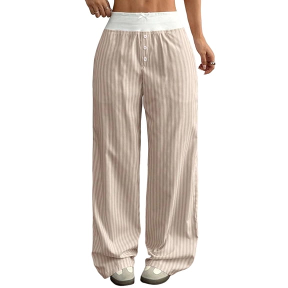 Nokdvo Lounge Pants Women Big and Tall Drawstring Stripe Print Long Trousers Loose Fit summer Pleated Waist Cinching Lounge Pants with Pockets,Camel S
