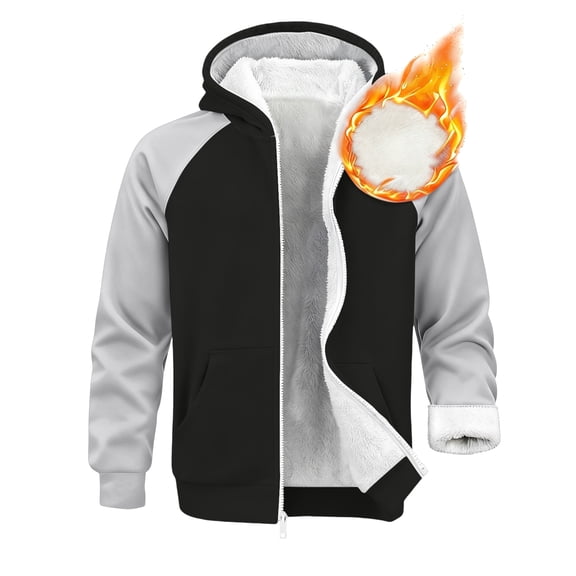 Nokdvo Man Hoodie Trendy Fleece Lined Full Zip Up Outerwear Long Sleeve Color Block Wool Warm with Pockets Jacket,Black XL