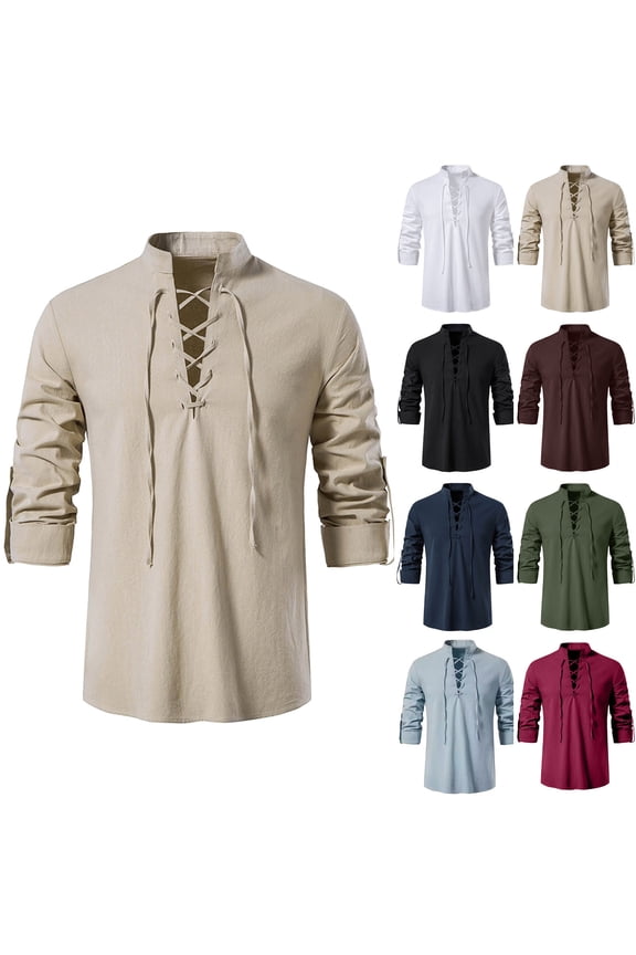 Medieval Vintage Long Sleeve Shirt for Mens Lace Up Shirts Steampunk Pirate Medieval Viking Gothic Top Linen Costume Top,Black XL