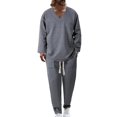 thumbnail image 1 of Nokdvo Men 2 Piece Outfits Fashion V Neck Baggy Jacquard Pullover Fall Winter Drawstring Solid Color Casual Long Sleeve Sweatsuits with Pockets,Gray 2XL, 1 of 5