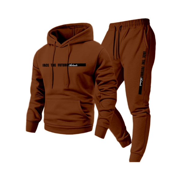 Nokdvo Men 2 Piece Tracksuit Set Sherpa Fleece Letter Print Drawstring Hoodie and Sweatpants Fall Winter Hooded Solid Color Ribbed Sweat Suit Sets with Pocket,Coffee 3XL