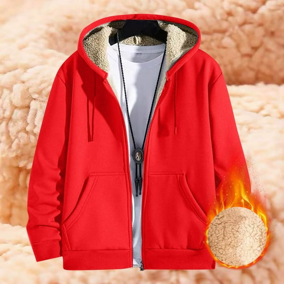 Nokdvo Men Jacket Long Sleeve Fleece Hoodies Heavyweight Full Zip Sherpa Jackets Winter Warm Plus Size Coats with Hood Red M