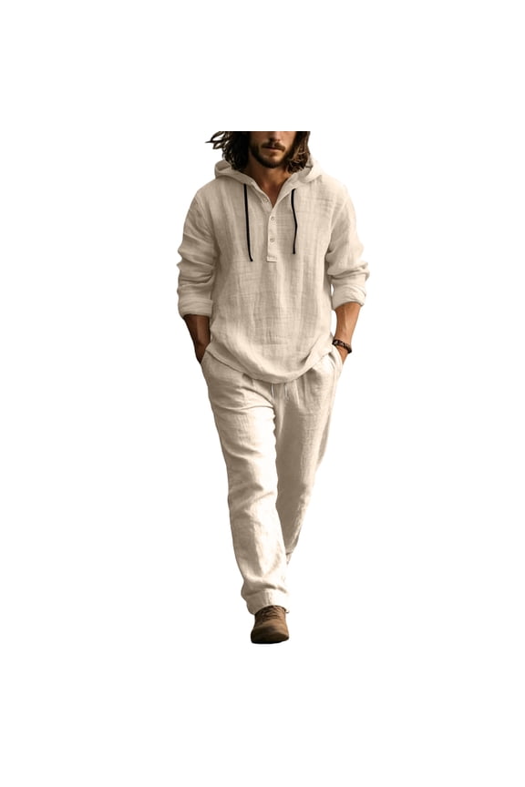 Men Linen Sets Outfits 2 Piece Lightweight Elastic Waist Drawstring Hooded Sweatshirt Spring Summer Button Casual Henley Sweatsuits with Pocket,Khaki 2XL