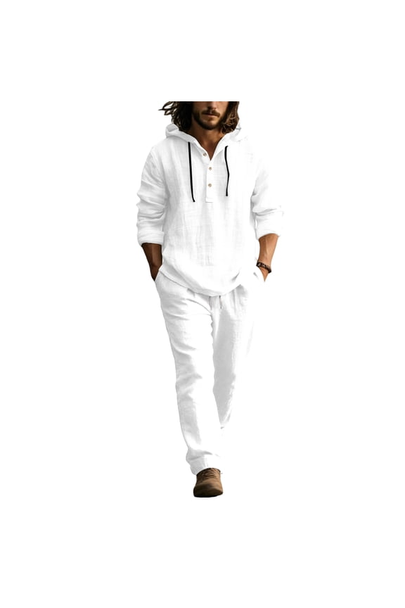 Men Linen Sets Outfits 2 Piece Plus Size Elastic Waist Drawstring Linen Set Spring Summer Button Casual Henley Sports Set with Pocket,White 3XL