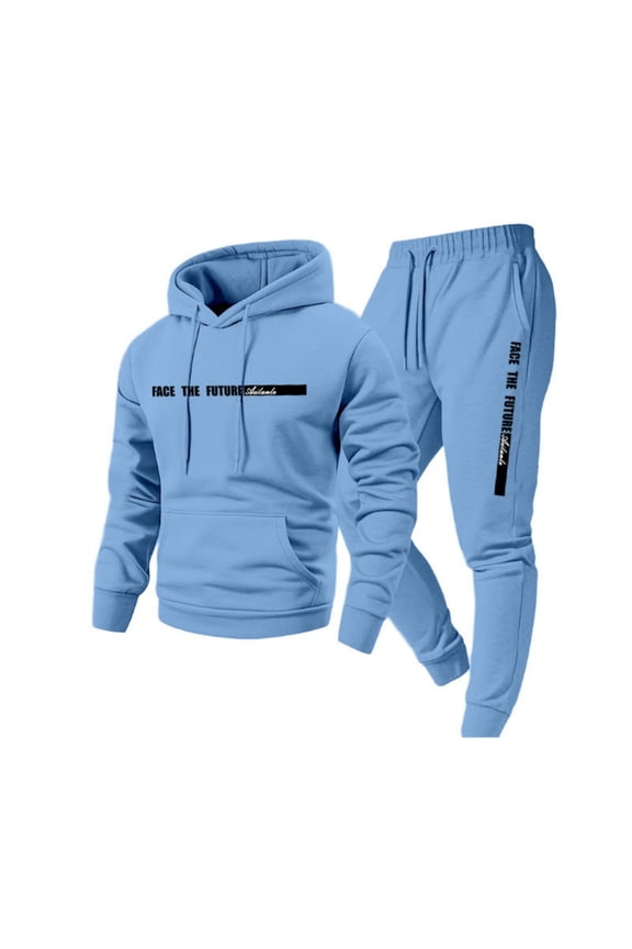 Men Sweat Suits 2 Piece Set Fashion Fleece Letter Print Drawstring Hoodie and Sweatpants Fall Winter Hooded Solid Color Ribbed Sweat Suit Sets with Pocket,Light Blue M