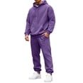 thumbnail image 1 of Nokdvo Men Sweatsuits Sets Fashion Fleece Letter Print Drawstring Hoodie and Sweatpants Fall Winter Hooded Solid Color Ribbed Sweat Suit Sets with Pocket,Purple 3XL, 1 of 4