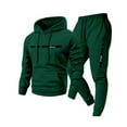 thumbnail image 1 of Nokdvo Men Tracksuit 2 Piece Fashion 2025 Fleece Letter Print Drawstring Hoodie and Sweatpants Fall Winter Hooded Solid Color Ribbed Sweat Suit Sets with Pocket,Dark Green XL, 1 of 3