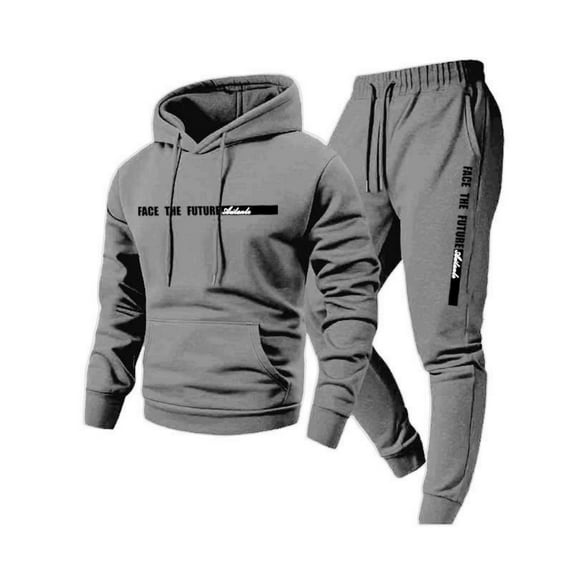 Nokdvo Men Tracksuit 2 Piece Fashion Fleece Letter Print Drawstring Hoodie and Sweatpants Fall Winter Hooded Solid Color Ribbed Pullover Set with Pocket,Dark Gray 2XL
