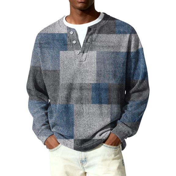Nokdvo Men Waffle Shirt Long Sleeve Big and Tall Plaid Quarter Button Up Henley Casual Sweaters Fall Winter Quilted Knit Solid Color Loose Shirt,Blue XL