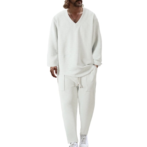 Nokdvo Men's 2 Piece Outfits Sherpa V Neck Baggy Jacquard Pullover Fall Winter Drawstring Solid Color Long Sleeve Casual Tracksuits Outfits with Pockets,White 2XL