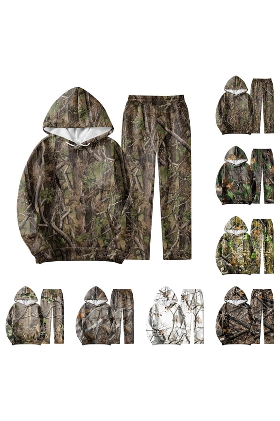 Men's Camo Print Outfits Maple Leaf Print Camouflage Print Set with Pocket Long Sleeve Sets Outfits Fall Fashion Jogging Loose Casual Sweatshirts Tracksuits,Deep Green L