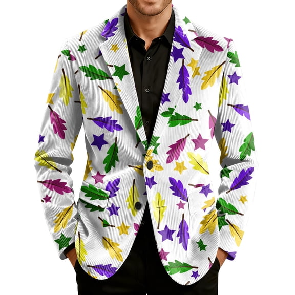 Nokdvo Men's Casual Lapel Blazer Mardi Gras Corduroy Jackets Notched Lapel Carnival Mask Print Suit Jacket Long Sleeve Holiday Party Loose-Fit Carnival Casual Sport Coats,Royal Blue M
