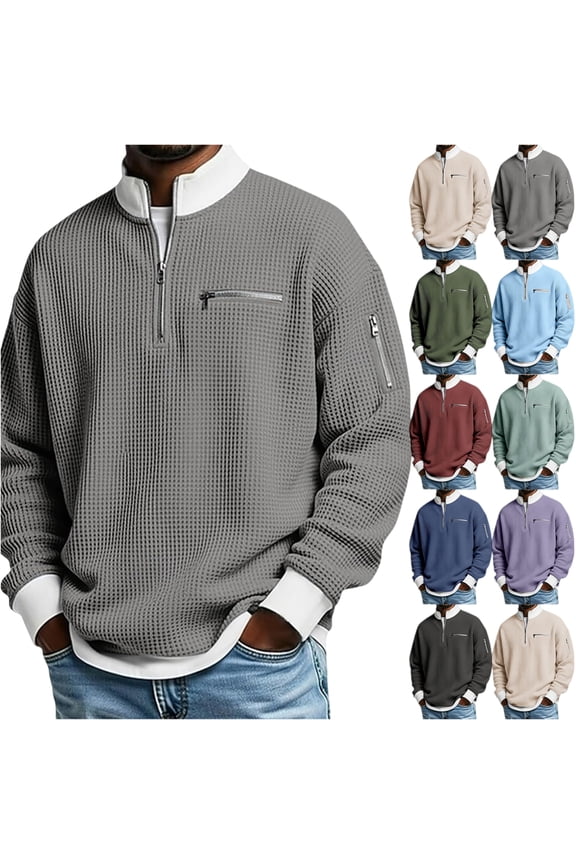 Men’s Casual Long Sleeve Polo Shirt Waffle Quarter Zip Pullover Pocket Stand Collar Polo Shirt Slim Fit Fashion Winter Classic Comfort Clothing,Purple 2XL