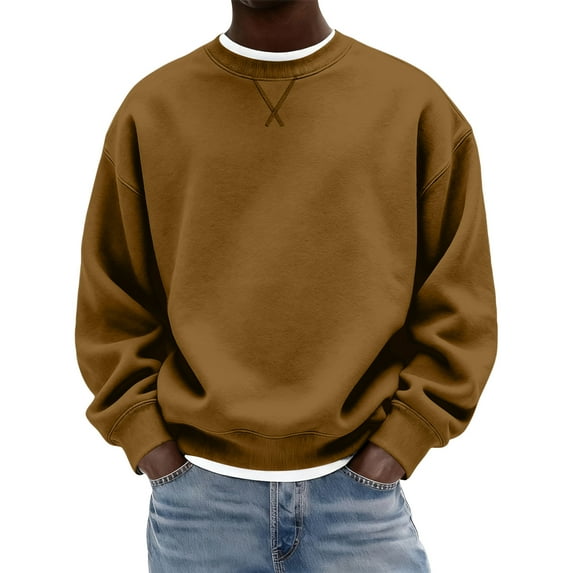 Nokdvo Men's Crewneck Casual Sweatshirt Long Sleeve Solid Color Sweatshirts Crewneck New X Decoration Shirts Loose Causal Lightweight Fall Winter Clothing,Brown L