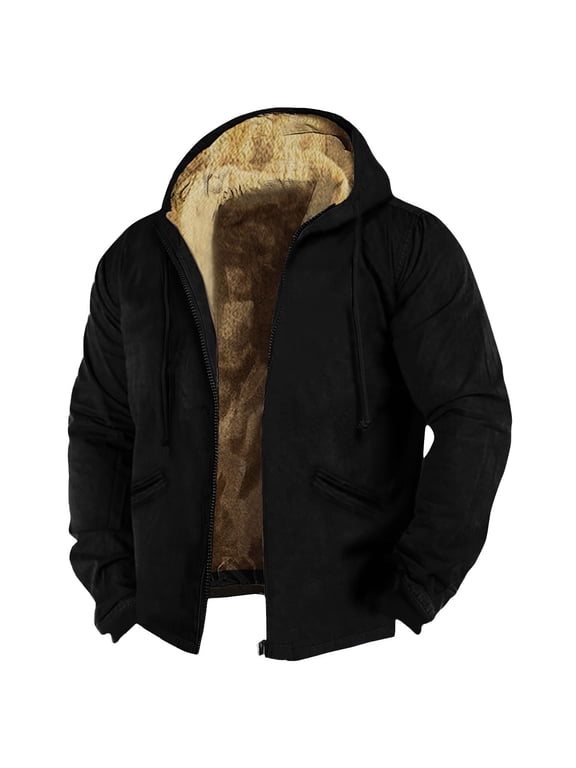 Men's Jackets Winter Sherpa Full Zip Hoodie Big and Tall Long Sleeve Flannel Jackets Fashion Hooded Drastring Coats with Pockets Black 4XL