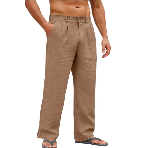 Nokdvo Men’s Linen Pants Fashion Button Up Straight Leg Trousers Spring Summer Casual Loose Sweatpants with Pockets,Brown L