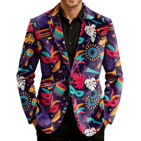 Nokdvo Men's Mardi Gras Jackets Corduroy Button Down Blazers Fancy Carnival Mask Printed Notch Lapel Suit Jackets with Pockets Casual Loose-Fit Carnival Party Classic Outfits,Purple 3XL