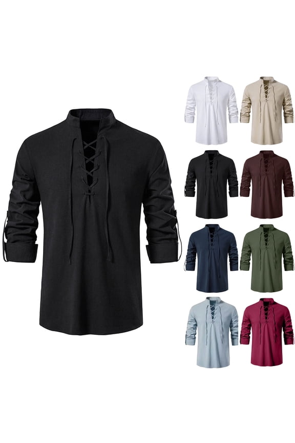 Men's Medieval Vintage Lace Up Shirt Long Sleeve Costume for Renaissance Pirate Medieval Viking Top Linen Clothes,Deep Green S