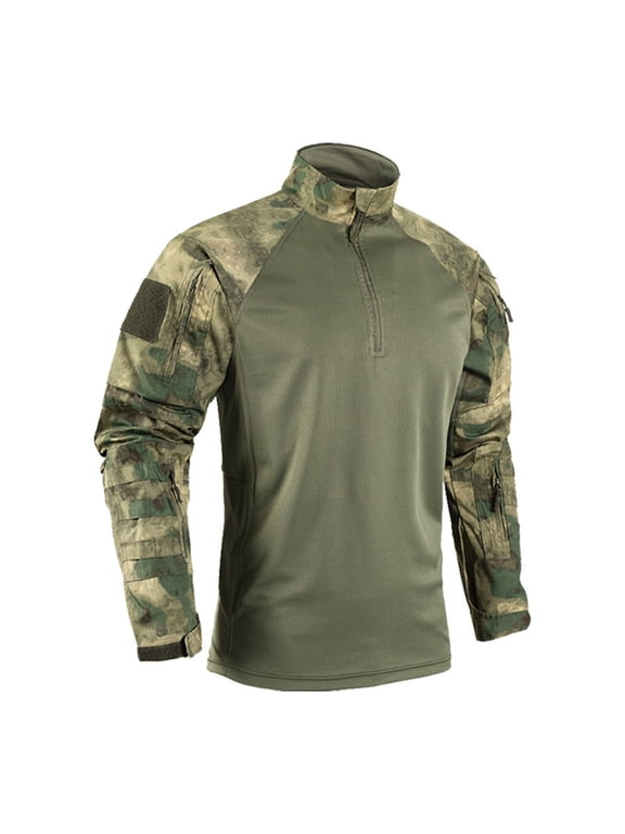 Men’s Military Long Sleeve Shirts Camouflage Print with 1/4 Zipper Shirt Stretch Raglan Tops with Pockets Quick-Dry Combat Military Quick Dry Outdoor T-Shirts,Camouflage L