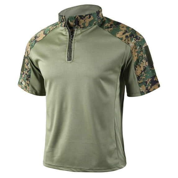 Nokdvo Men's Military Shirt Short Sleeve Camo Print Shirts with Zipper Stretch Tops Military Combat Athletic Moisture Wicking Clothing,Deep Green XL