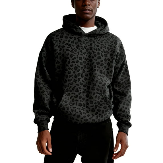 Nokdvo Men's Novelty Long Sleeve Hoodie Leopard Print Drop Shoulder Hoodie with Pocket Leopard Graphic Hoodie Pullover Y2k 90s Vintage Graphic Funny Hooded Streetwear,Dark Gray S