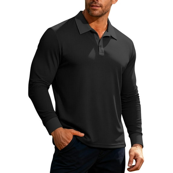 Nokdvo Men's Polo Shirt Waffle Knitted Long Sleeve Polo Shirts 3 Button Collared Golf Shirts Solid Color Spring Fall Casual Slim Fit Breathable Workwear,Black M
