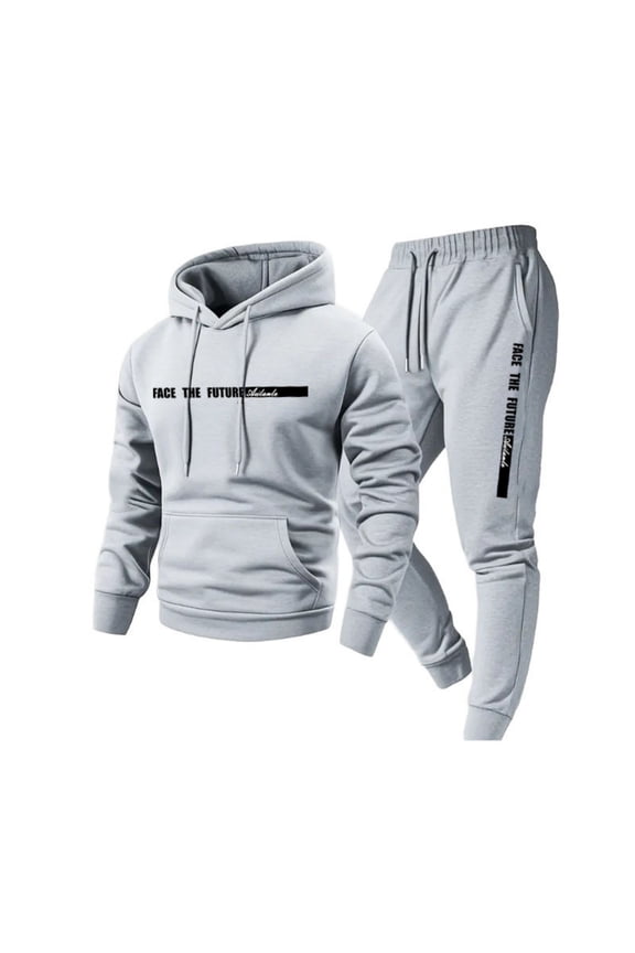 Men's Sweatsuits 2 Piece Set Trendy Fleece Letter Print Drawstring Hoodie and Sweatpants Fall Winter Hooded Solid Color Ribbed Pullover Set with Pocket,Light Gray XL