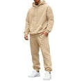 thumbnail image 1 of Nokdvo Men's Tracksuits 2 Piece Fashion Fleece Letter Print Drawstring Hoodie and Sweatpants Fall Winter Hooded Solid Color Ribbed Pullover Set with Pocket,Beige L, 1 of 4