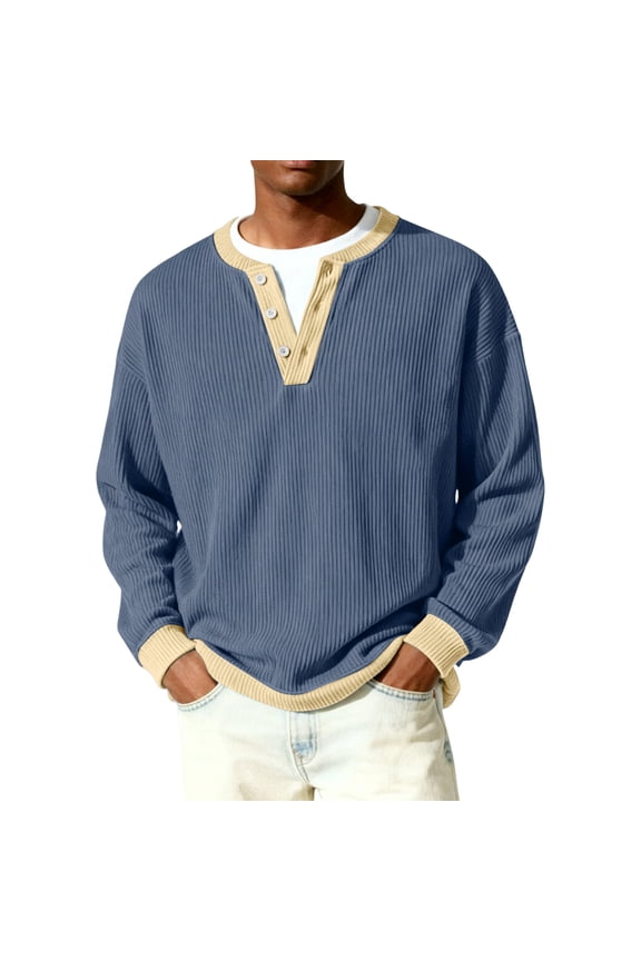 Men's Waffle Knit Long Sleeve Shirt Big and Tall 1/4 Button Up Henley Casual Pullover Top Fall Winter Textured Knit Color Block Loose Sweatshirt,Navy 2XL