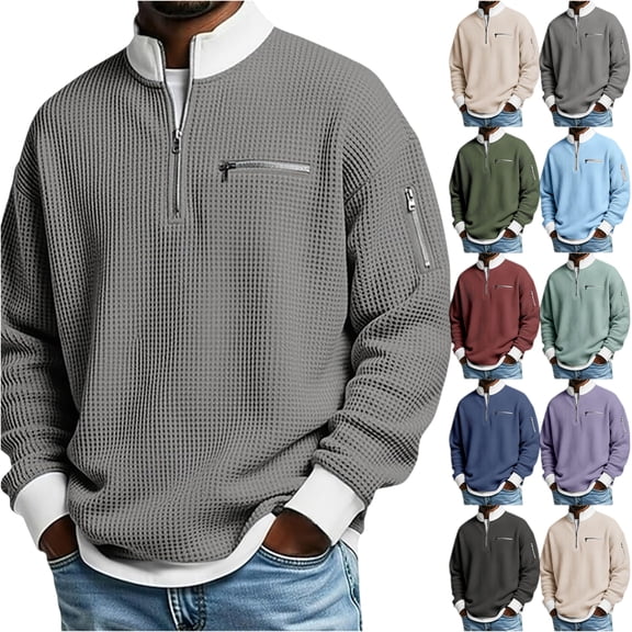 Nokdvo Men's Waffle Knit Shirts Zipper Long Sleeve Sweatshirts with Pockets Mock Neck Shirt Textured Fashion Winter Big and Tall Comfort Classic Pullover Shirts,Purple 3XL