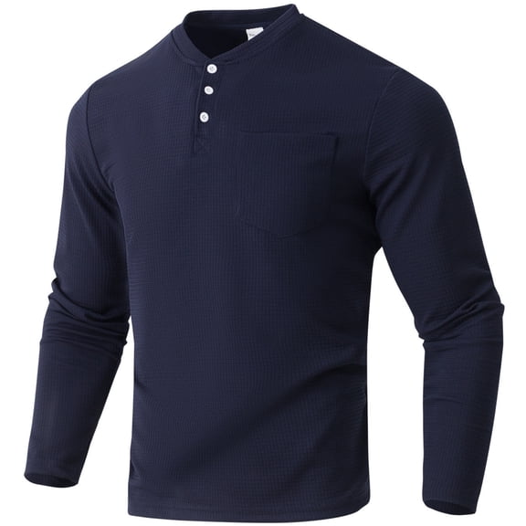 Nokdvo Men's Waffle Long Sleeve Shirt Button-Down Solid Color Shirts Waffle Knitted Sweatshirts with Pocket Slim Fit Basic Henley Workout Lightweight T-Shirts Pullover,Navy L