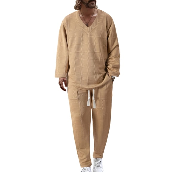 Nokdvo Mens 2 Piece Outfits Sherpa V Neck Baggy Jacquard Pullover Fall Winter Drawstring Solid Color Casual Long Sleeve Sweat Suit Sets with Pockets,Khaki XL