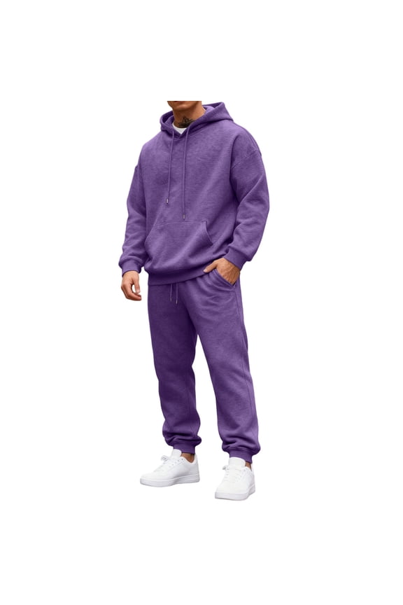Mens 2 Piece Sweatsuit Fashion Fleece Letter Print Drawstring Hoodie and Sweatpants Fall Winter Hooded Solid Color Ribbed Pullover Set with Pocket,Purple M
