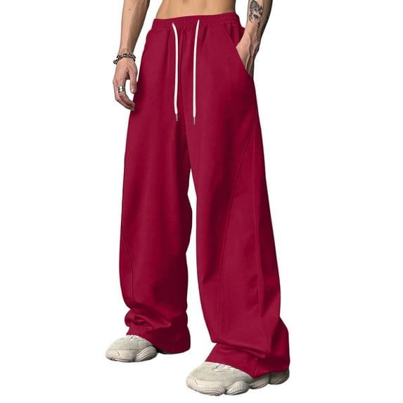 Nokdvo Mens Baggy Pants Sherpa Drawstring Elastic Waist Wide Leg Track Pants Fall Winter Baggy Casual Long Pants with Pocket,Red XL
