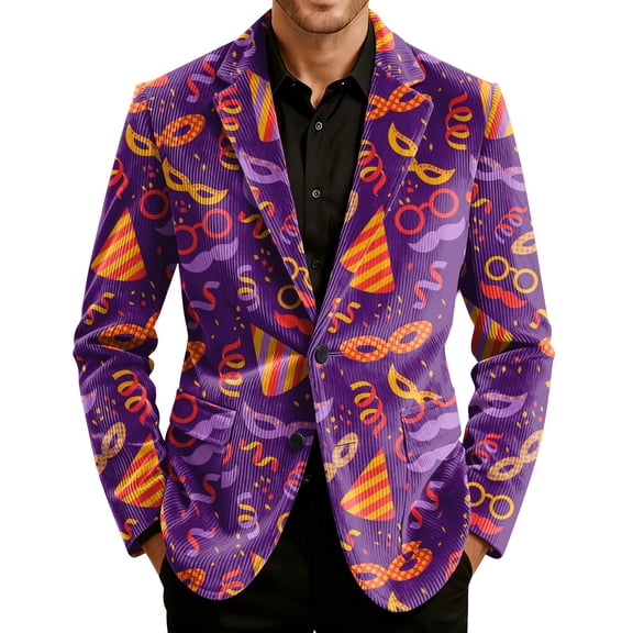 Nokdvo Mens Blazer Mardi Gras Corduroy Blazer Notch Lapel Fancy Carnival Mask Printed Suit Jackets Long Sleeve Slim Fit Carnival Lightweight Casual Sport Coats,Light Purple 3XL