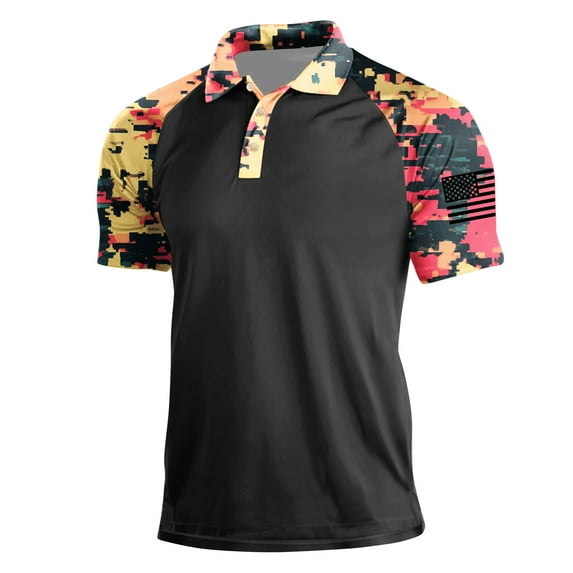 Nokdvo Mens Casual Polo T Shirts American Flag Graphic Short Sleeve Shirts Button Up Camo Printed Golf Polos T-Shirts Stretch Casual Summer Athletic Performance Outdoor Top,Black 2XL