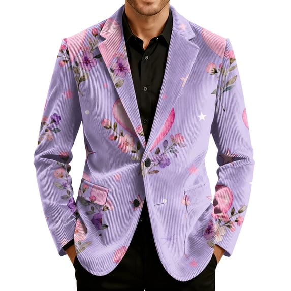 Nokdvo Mens Corduroy Vintage Blazer Valentine's Day Button Down Blazer Notched Lapel Heart Print Dress Blazer with Pockets Holiday Party Loose-Fit Valentines Day Suit,Dark Green M