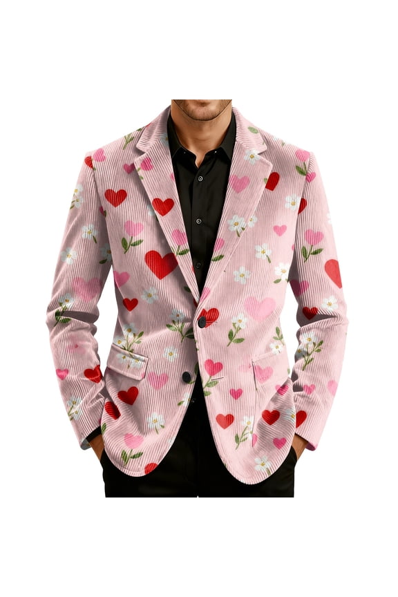 Mens Corduroy Vintage Blazer Valentine's Day Button Down Jackets Notched Lapel Heart Print Suit Jacket with Pockets Stylish Casual Lightweight Valentines Day Blazers Suit Jacket,Green XL