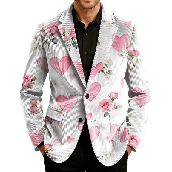 Nokdvo Mens Corduroy Vintage Blazer Valentines Day Love Two Button Jacket Notched Lapel Heart Print Suit Jackets with Pockets Holiday Party Loose-Fit Valentines Day Suit,Dark Green M