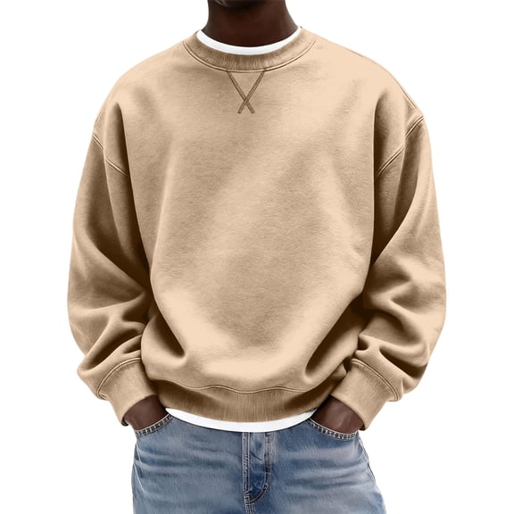 Nokdvo Mens Crewneck Sweatshirts Long Sleeve Solid Color Sweaters Crewneck New X Decoration Shirts Loose Causal Lightweight Fall Winter Clothing,Khaki M