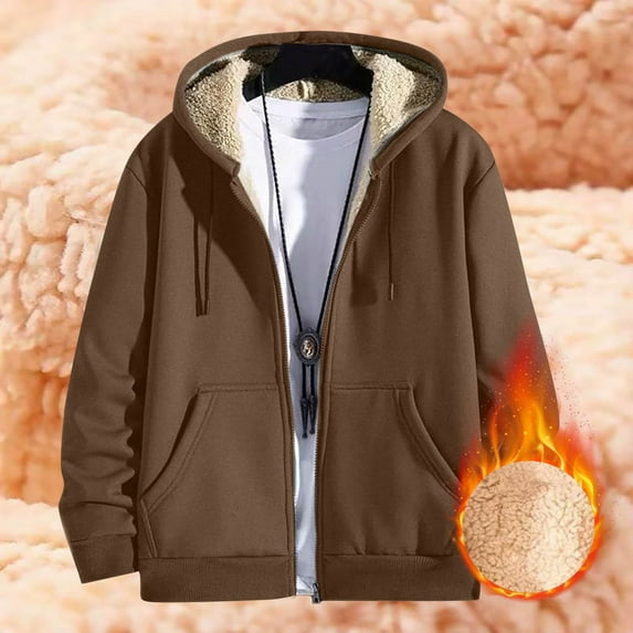Nokdvo Mens Fleece Jacket Winter Coats Zip Up Sherpa Hoodies with Pockets Big and Tall Long Sleeve Cardigan Fashion Drastring Jacket Brown 4XL
